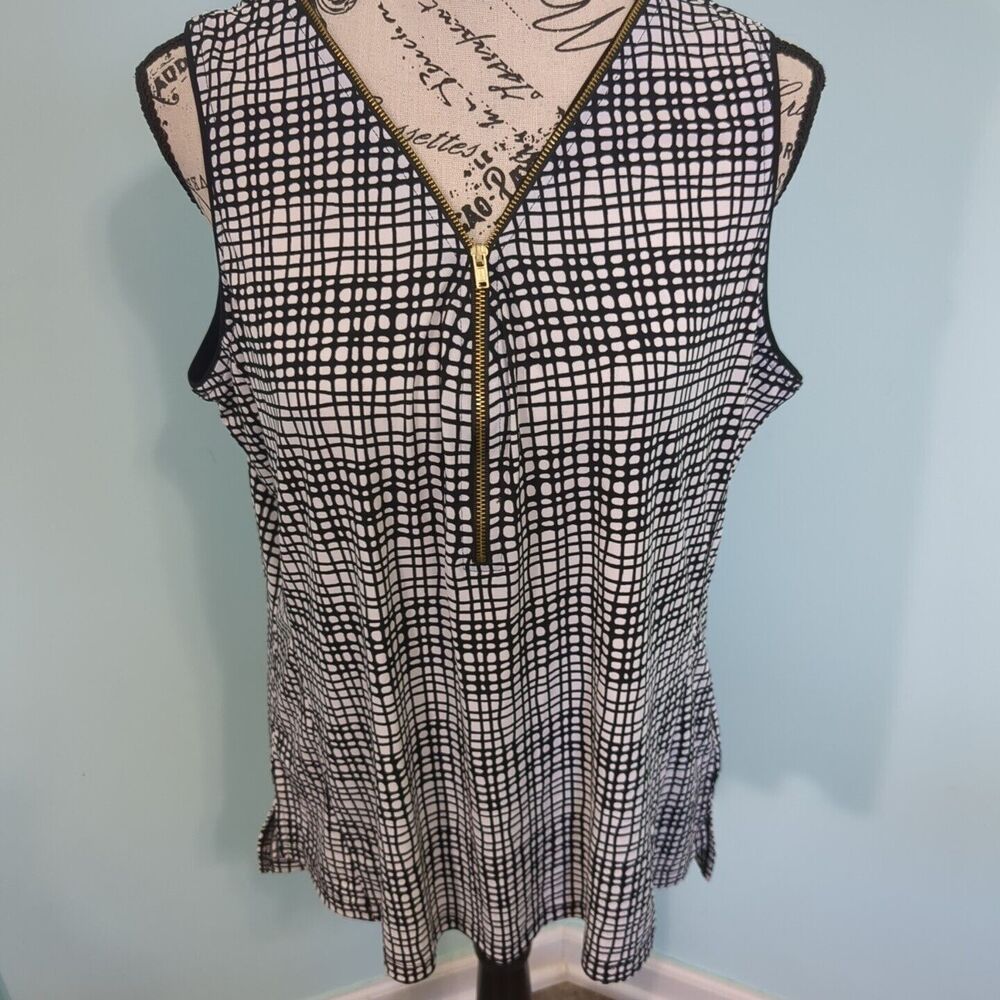 Worthington Womens large Blouse Gray Geometric Sleeveless zipper front new with